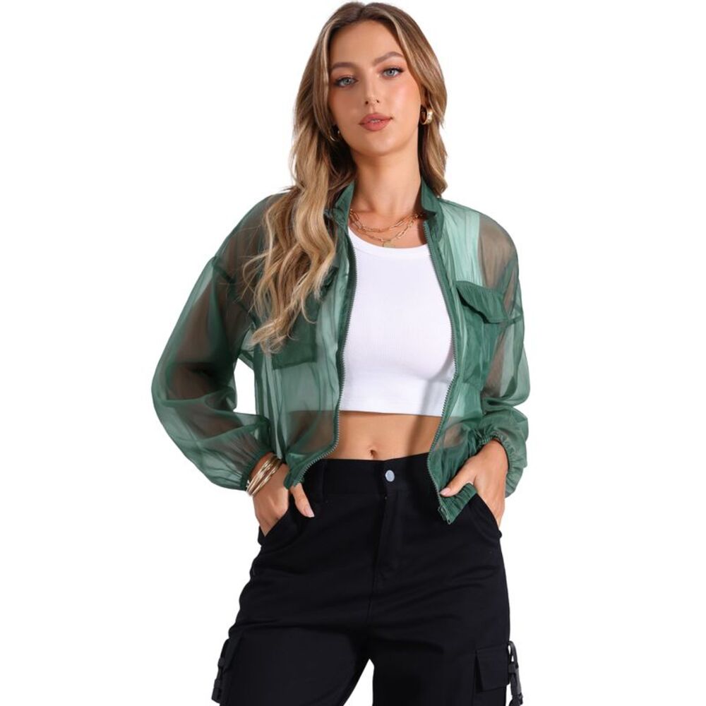 Sheer Bomber Jacket for Zip Up Long Sleeve See Through Jackets Green
